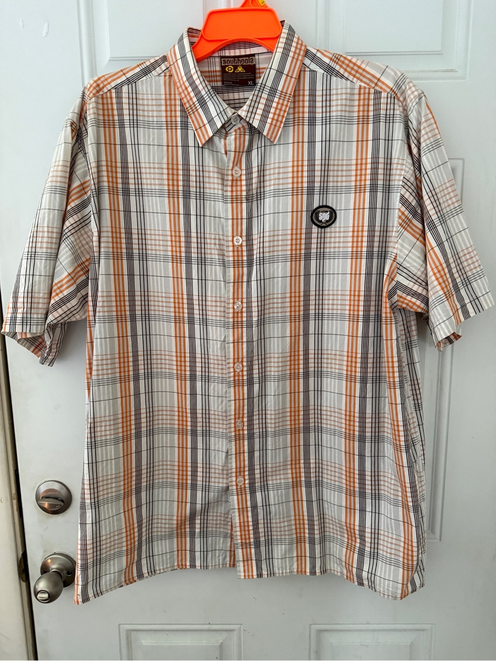 Southpole Men's Short-Sleeve Orange and White Plaid Button-Down Shirt XL Y2K